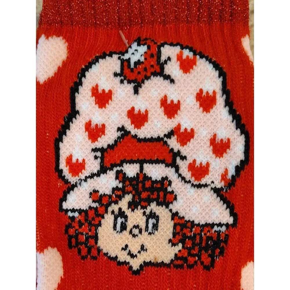 Strawberry Shortcake 2 Pairs‎ Red & Gray Printed Crew Socks NWT
